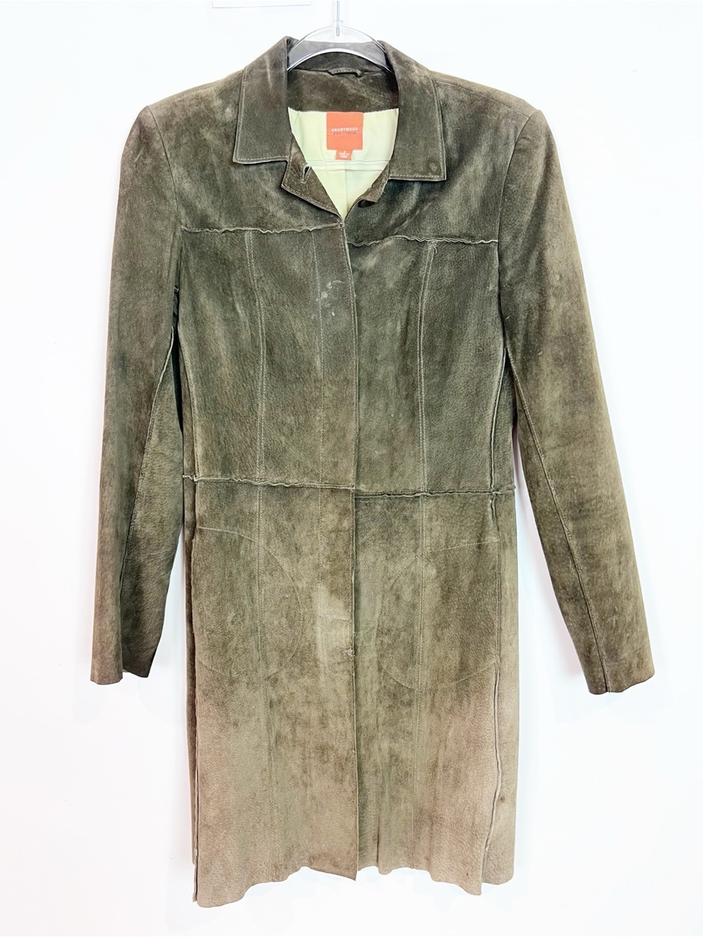 ANONYMOUS JOHN CARLISLE BROWN OLIVE GREEN SUEDE BUTTON FRONT COAT SZ SMALL